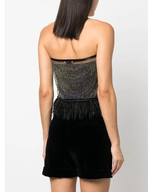Patrizia Pepe Black Feather-Trim Rhinestone Mesh Top