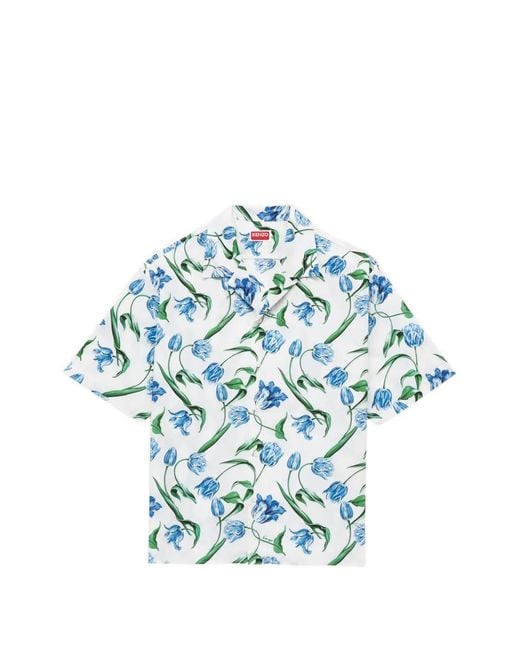 KENZO Blue Floral-Print Short-Sleeve Shirt for men
