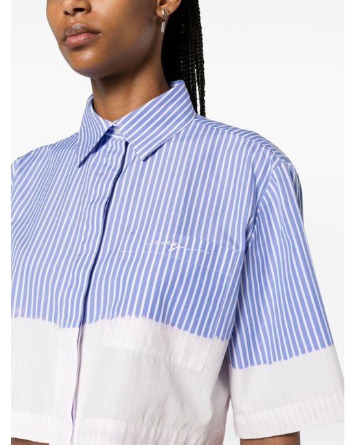 MSGM Blue Striped Cropped Cotton Shirt