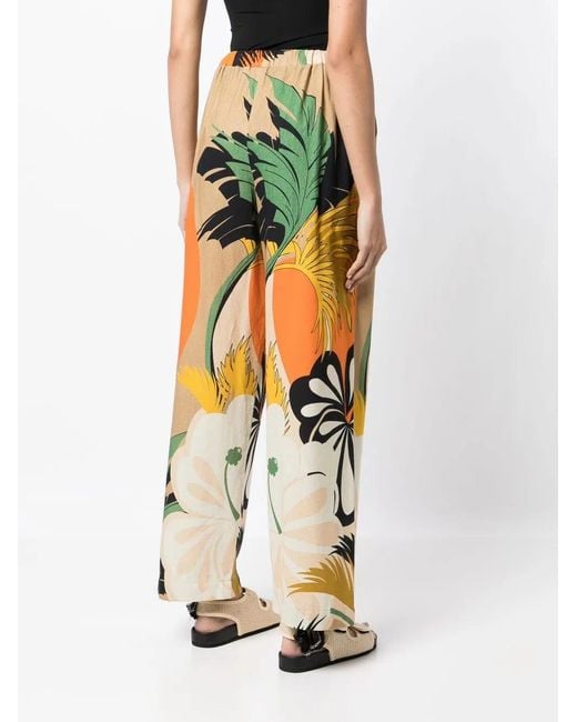 Bambah Yellow Floral Motif-Print Wide-Leg Trousers