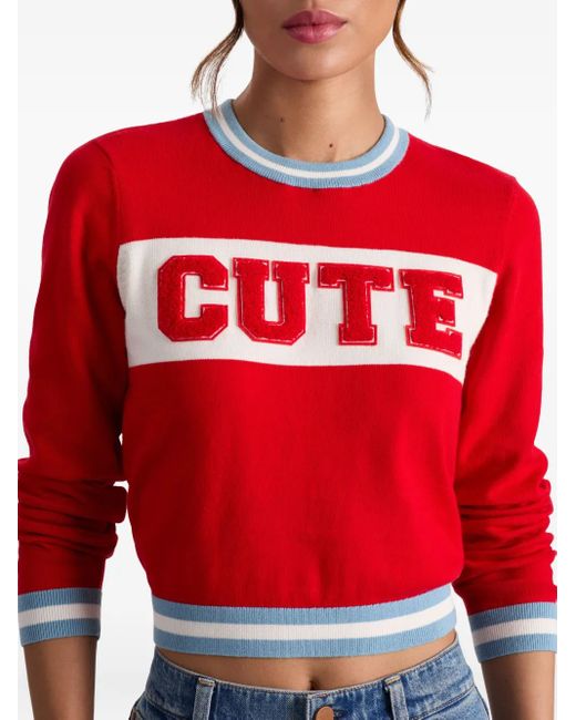 Alice + Olivia Red Appliqué-Embellished Crew-Neck Sweater