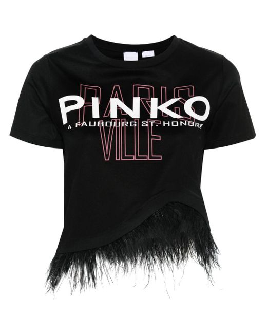 Pinko Black Feather Detail Cropped T-shirt