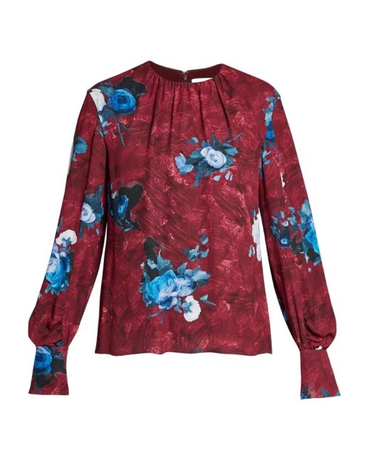 Erdem Red Floral-Print Long-Sleeve Blouse
