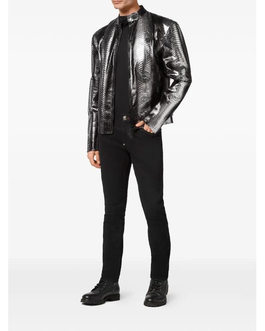 Philipp Plein Black Python-Skin Biker Jacket for men