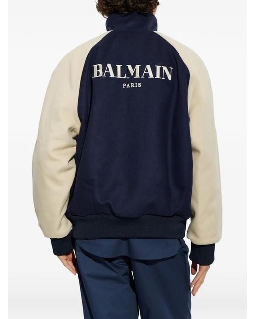 Balmain Blue Logo-Embroidered Colour-Block Bomber Jacket for men