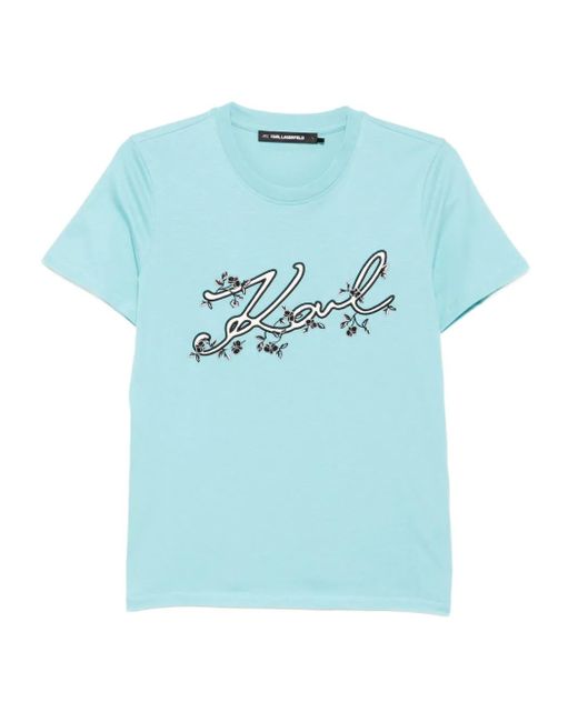 Karl Lagerfeld Blue Logo-Embroidered T-Shirt