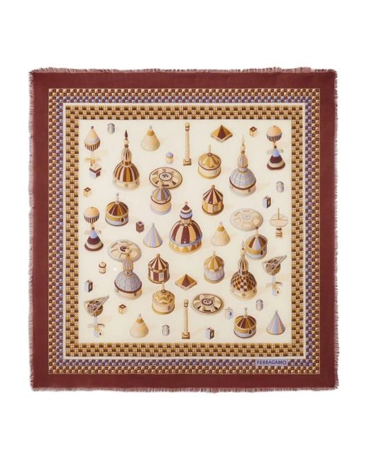 Ferragamo Brown Geometrical Renaissance Print-Cashmere Shawl