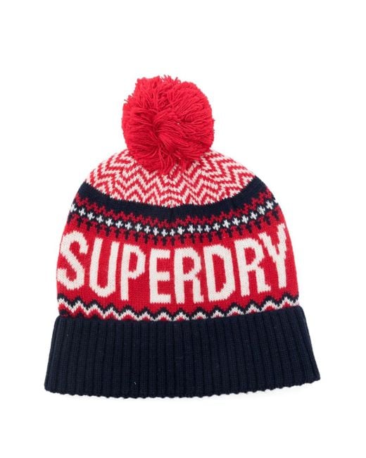 Superdry Red Pompom-Detail Patterned Beanie