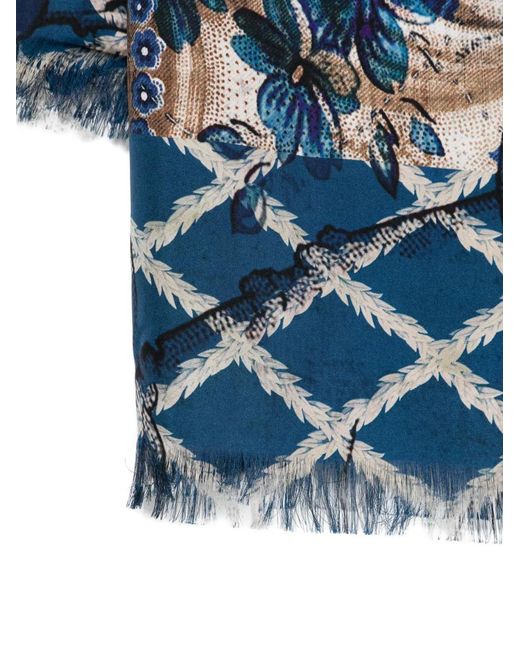 Pierre Louis Mascia Blue Aloeuw Floral-Print Fringed-Edge Silk Scarf