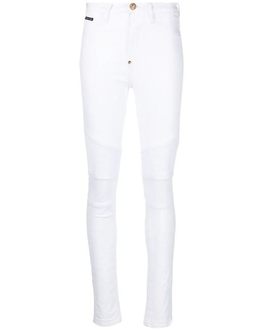 Philipp Plein White High-Waisted Biker Jeans