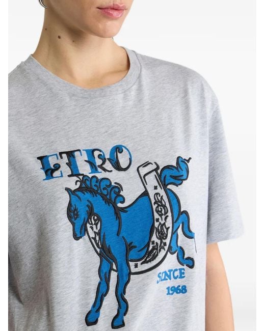 Etro Gray Cotton Jersey T-Shirt With Pegaso-Print And Logo
