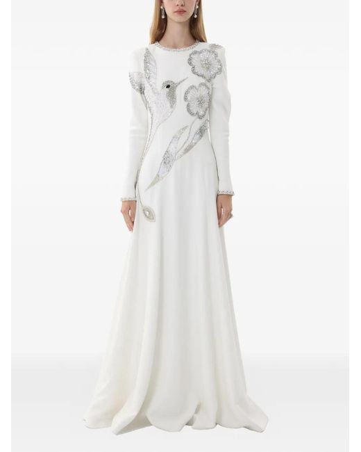 Dina Melwani White Crystal-Embellished Hummingbird Evening Maxi Gown Dress