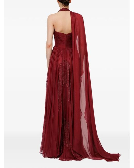 IRIS SERBAN Red Alexa Asymmetric-Neck Lace-Detail Maxi Dress