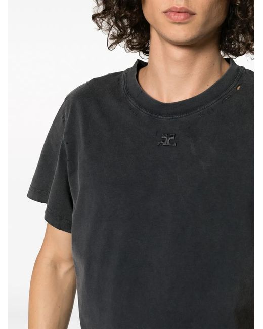 Courreges Black Logo-Patch Distressed Cotton T-Shirt for men