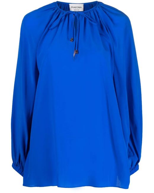 PHAEONIA Blue Self-Tie Silk Blouse