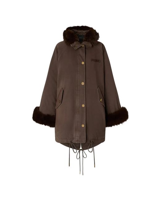 Pinko Brown Faux-Fur-Trim Hooded Coat