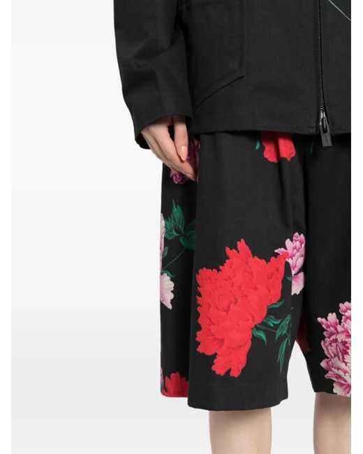 Yohji Yamamoto Red Floral-Print Wide-Leg Shorts