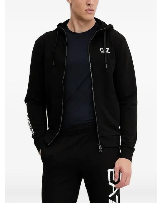 EA7 Black Logo-Detail Zip-Up Hoodie for men