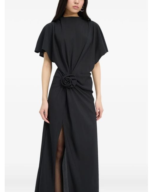 ROTATE BIRGER CHRISTENSEN Black Long Satin-Feel Dress With Side Slit, Rose Detail & Tie Neck Open Back