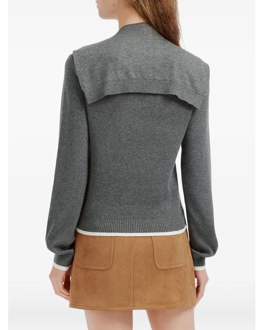 B+ AB Gray Sailor-Collar Contrast-Trim Cardigan