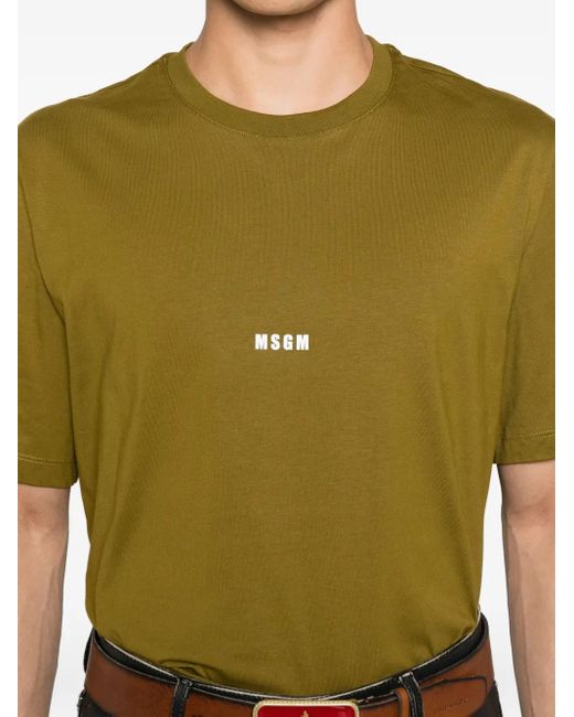 MSGM Green Cotton T-Shirt With Front Printed Logo for men
