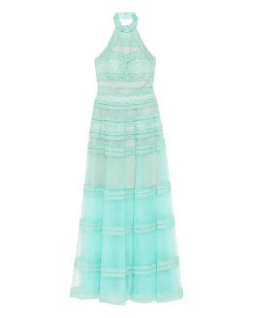 Saiid Kobeisy Blue High-Neck Lace Maxi Dress