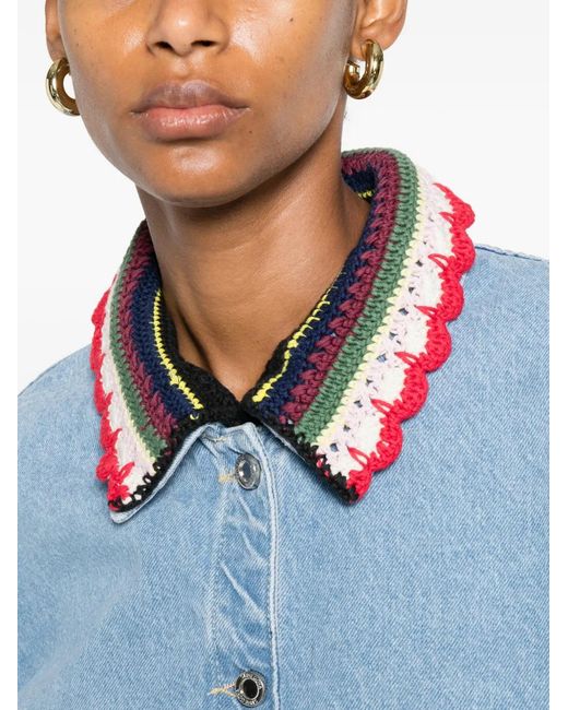 Stine Goya Blue Crochet-Collar Button-Up Mini Dress