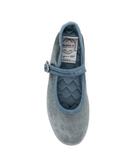 Rockfish Blue Velvet Buckle-Fastening Ballet Flats