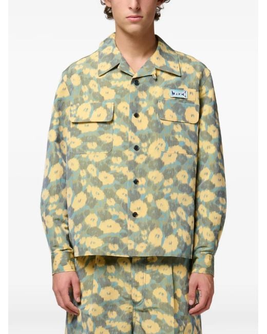 Marni Gray Linen-Blend Shirt With Floral Print for men