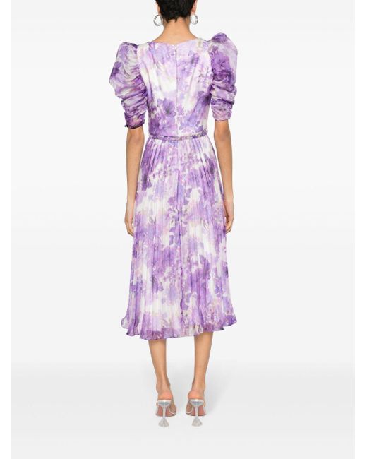 Nissa Purple Floral-print Pleated Midi Dress