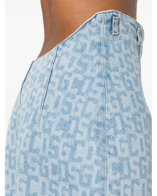 Gcds Blue Monogram-Pattern Denim Pencil Skirt