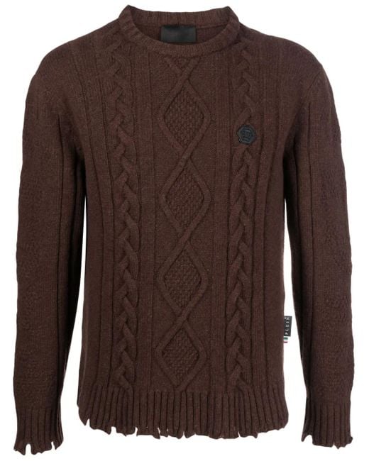 Philipp Plein Brown Distressed Cable-Knit Jumper for men