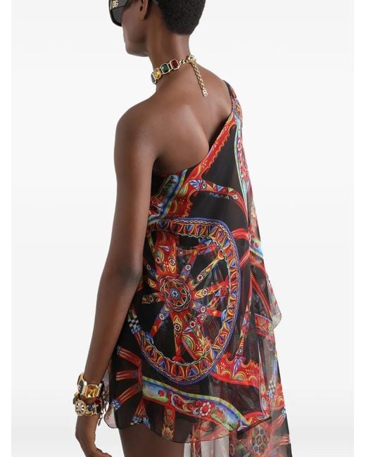 Dolce & Gabbana Brown One-Shoulder Carretto-Print Chiffon Dress