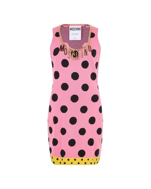 Moschino Pink Polka-Dot Logo-Chain Mini Dress
