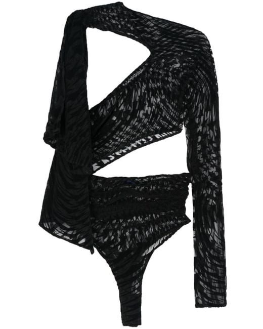 Mugler Black Flocked Star-print Asymmetric Bodysuit