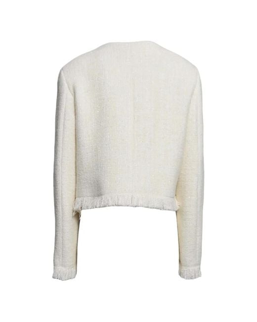 MSGM White Fringed Flap-Pockets Tweed Jacket
