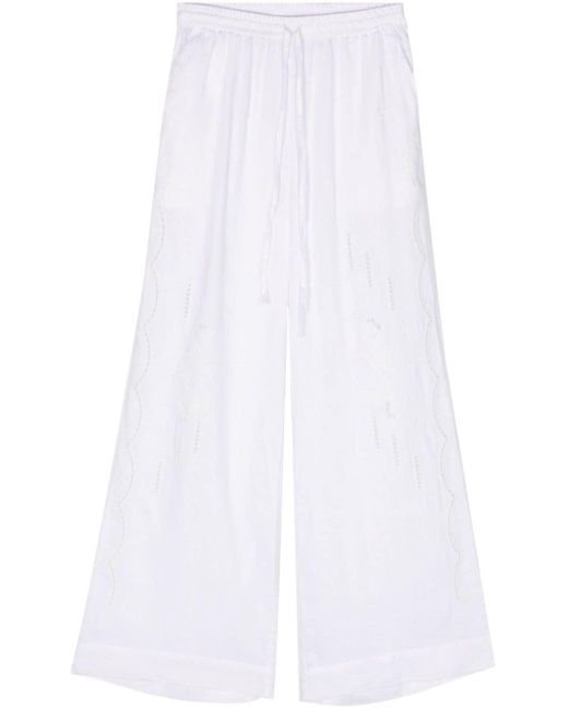 P.A.R.O.S.H. White Floral-embroidered Linen Trousers