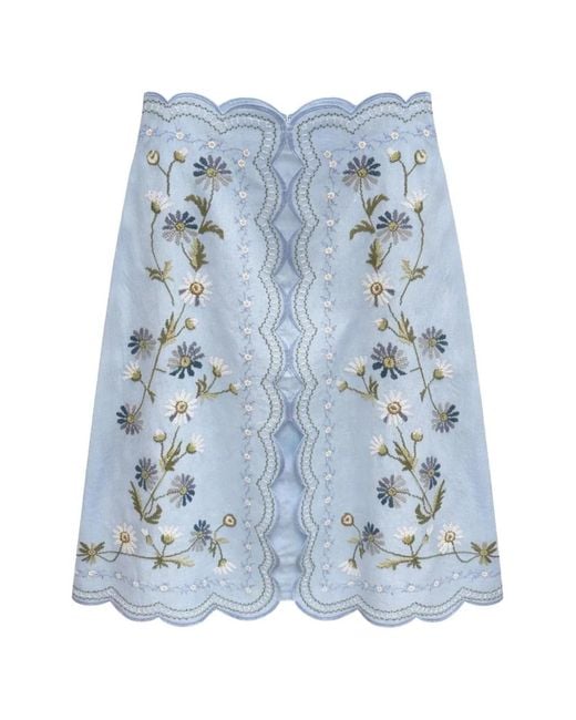 Sea Blue Floral-Embroidery Mini Skirt