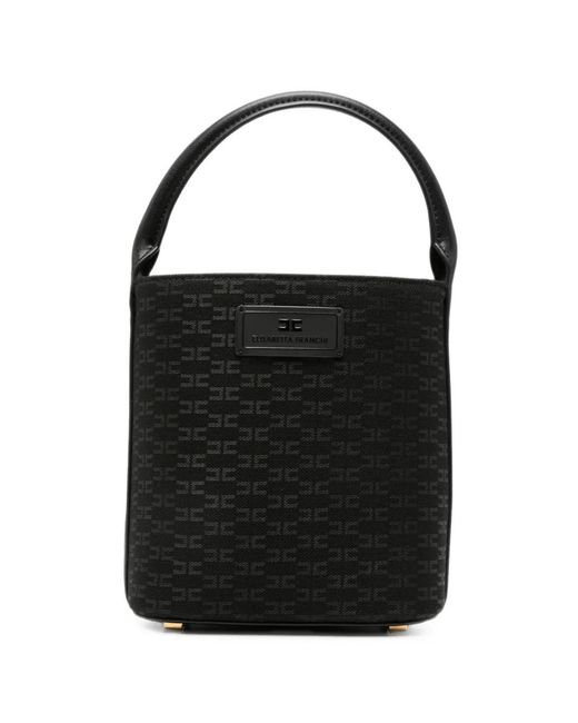 Elisabetta Franchi Black Monogram-Pattern Logo-Plaque Bucket Bag