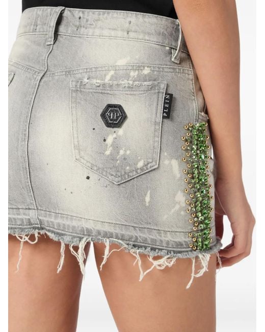 Philipp Plein Gray Crystal-Embellished Mini Skirt