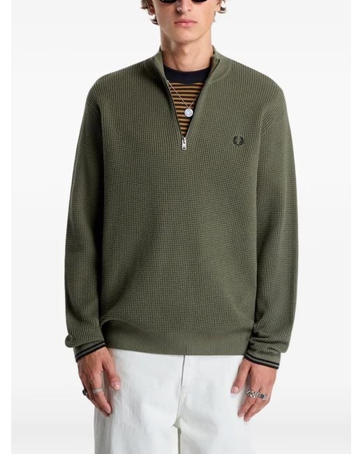 Fred Perry Green Waffle-Stitch Half-Zip Sweater for men