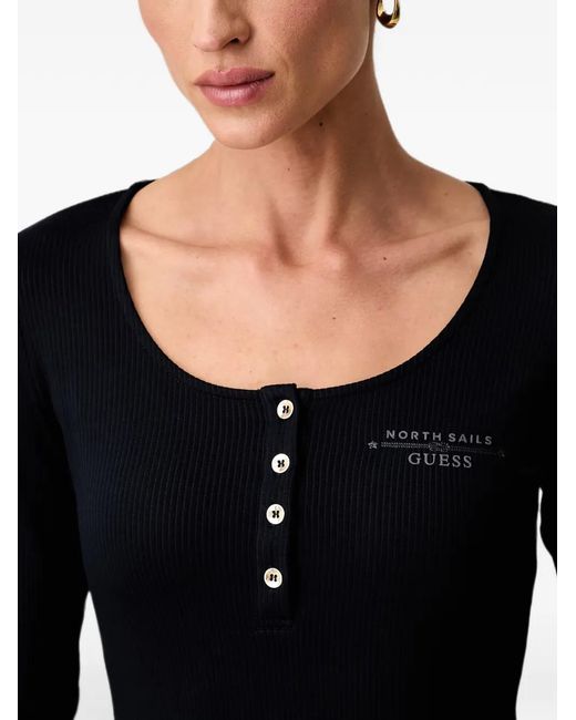 Guess Black Ribbed-Knit Long-Sleeve Top