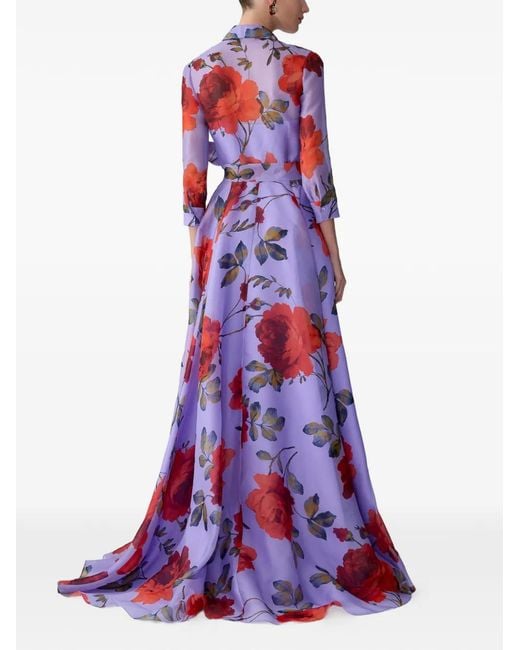 Carolina Herrera White Rose-Print Organza Trench Gown