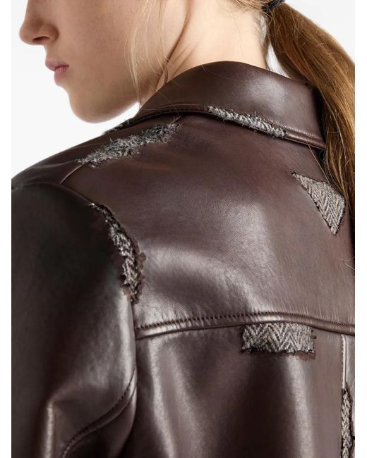 Prada Brown Bonded Nappa-Leather And Chevron Shetland Wool Jacket