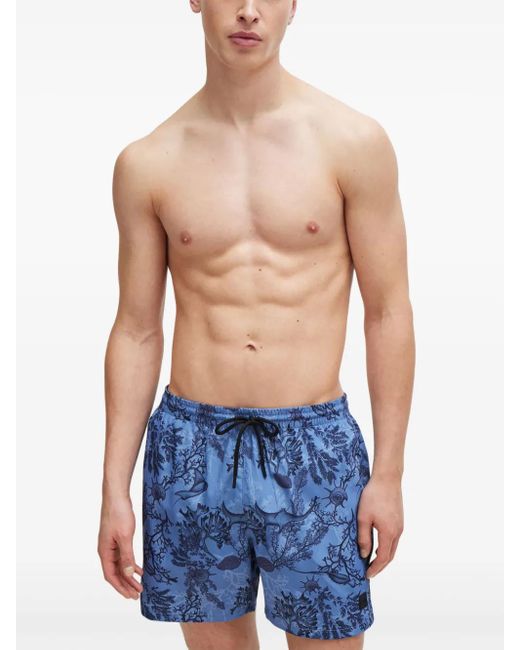 Boss Blue Floral Recycled Polyester Swim Shorts for men