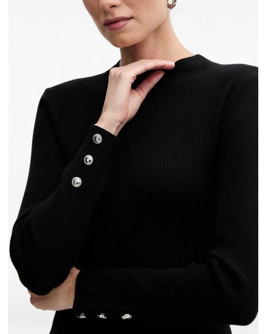 Morgan Black Ribbed-Knit Button-Cuff Mini Dress
