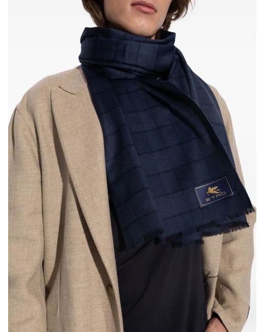 Etro Blue Checked Wool-Cashmere Blend Scarf for men