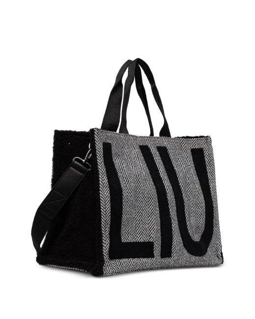 Liu Jo Black Large Check-Pattern Logo-Patch Tote Bag