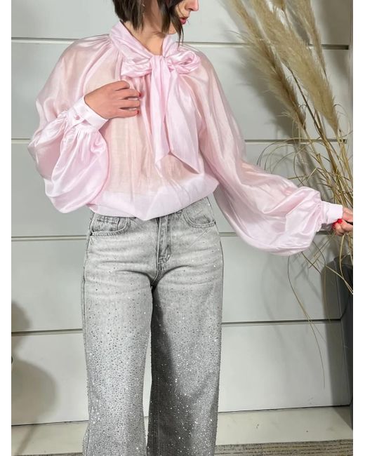 ViCOLO Gray Bow-Neck Balloon-Sleeve Shirt