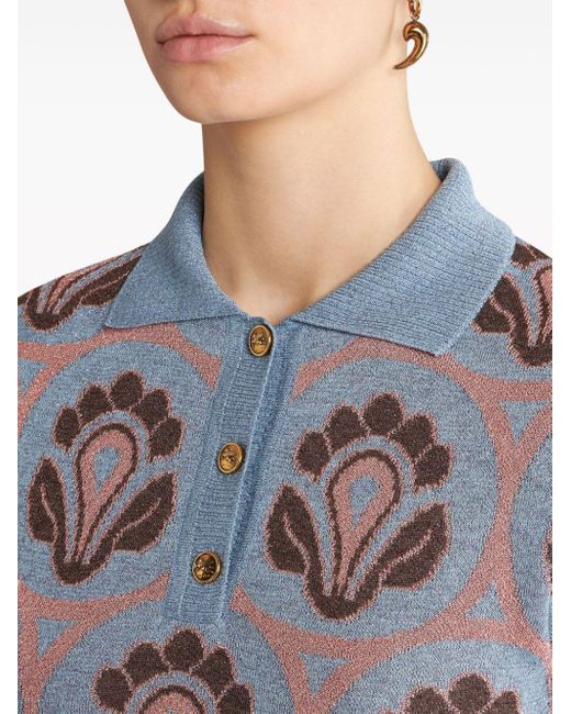 Etro Blue Floral-jacquard Knitted Polo Top